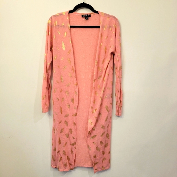 LOVE long pink thin open front duster with gold feathers size large - Picture 1 of 5
